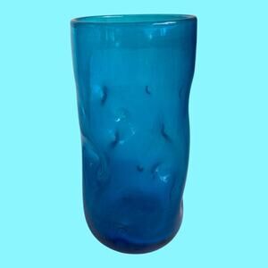 Vintage Single BLENKO Dark Blue Pinched Dimple 6.25” Handblown Glass Tumbler